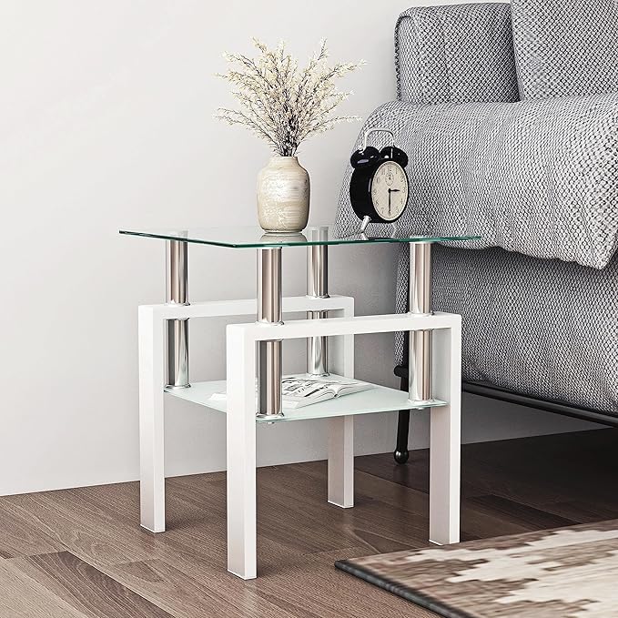 Glass End Table, Glass Side Table with Tempered Glass Top & Metal Legs, Square Living Room Table Modern Tea Table Side Tables 2-Layer for Living Room Bedroom