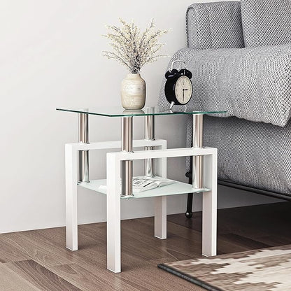 Glass End Table, Glass Side Table with Tempered Glass Top & Metal Legs, Square Living Room Table Modern Tea Table Side Tables 2-Layer for Living Room Bedroom