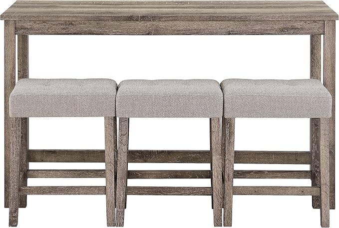 Merax 4 Piece Bar Table Set with Power Outlet,Dining Bar Table and Chairs Set,Industrial Breakfast Table with 3 Padded Stools,for Living Room, Dining Room, Game Room(Brown)