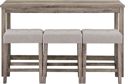 Merax 4 Piece Bar Table Set with Power Outlet,Dining Bar Table and Chairs Set,Industrial Breakfast Table with 3 Padded Stools,for Living Room, Dining Room, Game Room(Brown)