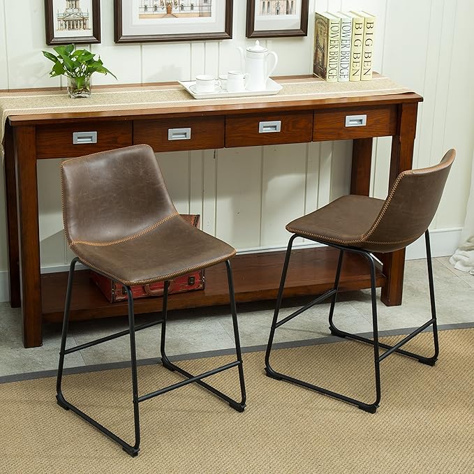Modern Dining Chairs,Vintage PU Leather Counter Height Stools, Set of 2, Industrial Metal Frame Bar Stools for Kitchen Island,Comfortable & Durable,Everyday Use In Contemporary Settings,Brown-FauxLeat