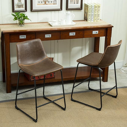 Modern Dining Chairs,Vintage PU Leather Counter Height Stools, Set of 2, Industrial Metal Frame Bar Stools for Kitchen Island,Comfortable & Durable,Everyday Use In Contemporary Settings,Brown-FauxLeat