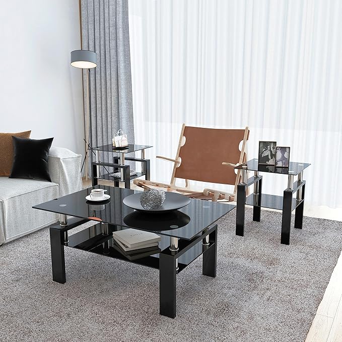IANIYA 2PCS Modern Glass End Table, 2-Tier Side Table with Tempered Glass Top & Metal Legs, Night Stand Corner Table for Living Room, Bedroom,All Black