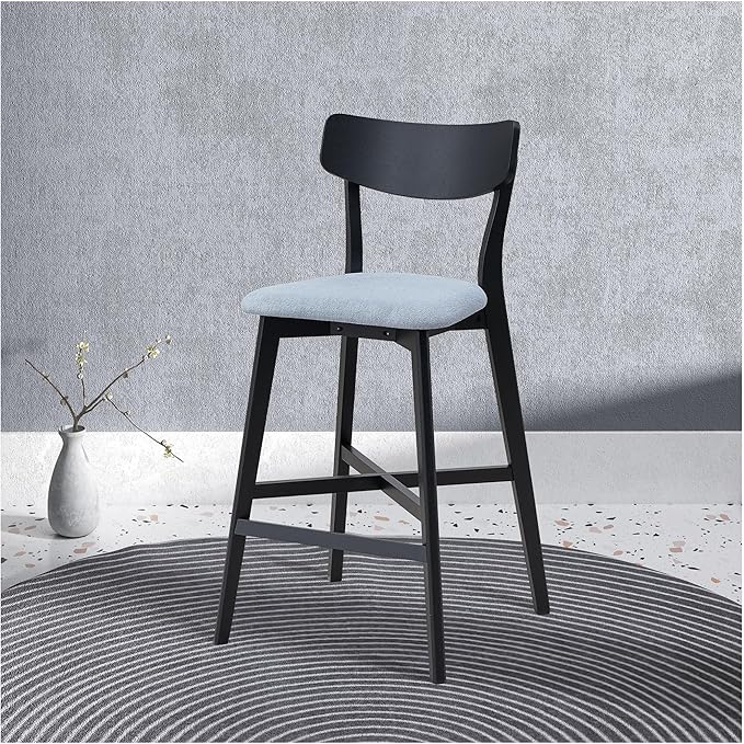 Bar Chairs Set of 2, Counter Height Stools - Modern Upholstered Kitchen Island Chairs with Backrest & Footrest - Black Wood Frame