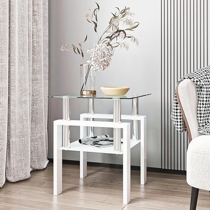 Glass End Table, Glass Side Table with Tempered Glass Top & Metal Legs, Square Living Room Table Modern Tea Table Side Tables 2-Layer for Living Room Bedroom