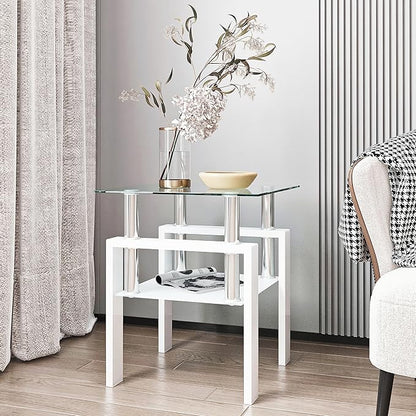 Glass End Table, Glass Side Table with Tempered Glass Top & Metal Legs, Square Living Room Table Modern Tea Table Side Tables 2-Layer for Living Room Bedroom
