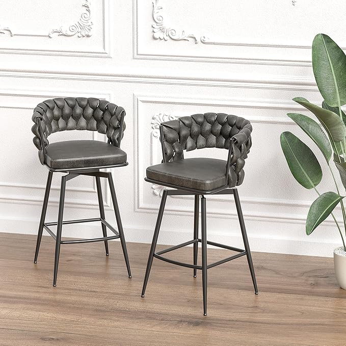 28" Technical Leather Woven Bar Stool Set of 2,Black Legs Bar stools No Adjustable Kitchen Island Chairs,360 Swivel Bar Stools Upholstered Counter Stool Arm Chairs with Back Footrest (Tan)