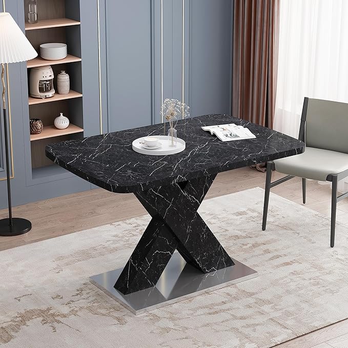 Modern Extended Marble Dining Table for 4-8, Rectangle Kitchen Dining Room Table with Black Marble Top & X-Shape Legs (Black11)