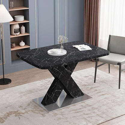 Modern Extended Marble Dining Table for 4-8, Rectangle Kitchen Dining Room Table with Black Marble Top & X-Shape Legs (Black11)