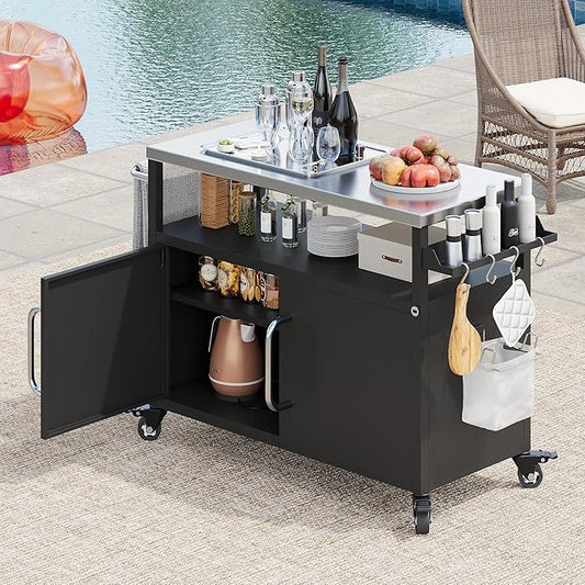 Modern Dining Table Outdoor Kitchen Island with Sink 55.5in, Metal Grill Cart Table with Stainless Steel Sink, Outdoor Bar Cart Sink Station with 4 Lockable Wheels for Pizza Prep,