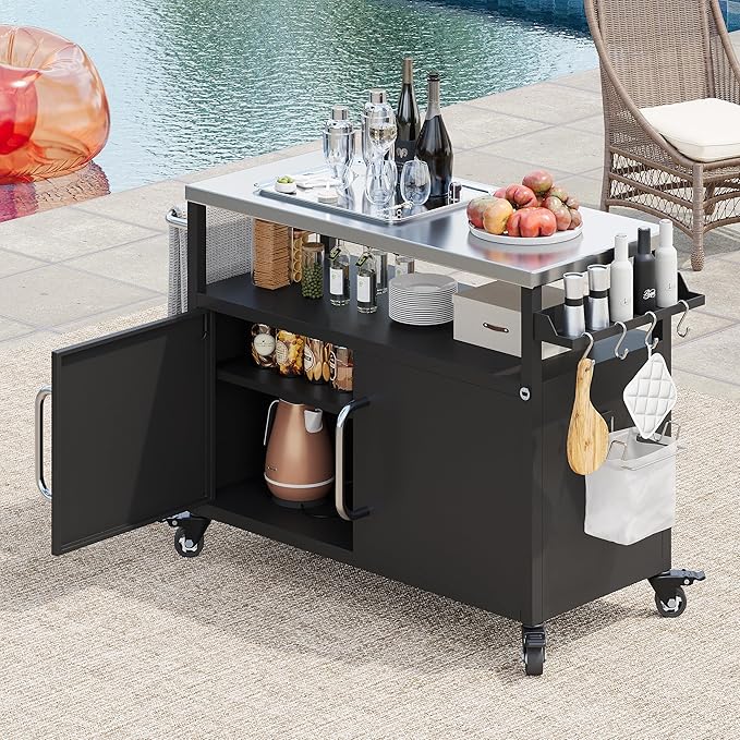 Modern Dining Table 54.5in Outdoor Kitchen Island with Stainless Steel Tabletop, Expandable Cabinet, Spice Rack, Towel Rack, Counter, Wood Console,Black-Metal-2