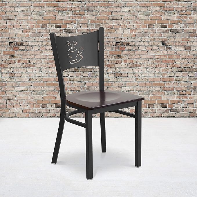 Flash Furniture 2 Pk. HERCULES Series Black Coffee Back Metal Restaurant Chair - Walnut Wood Seat