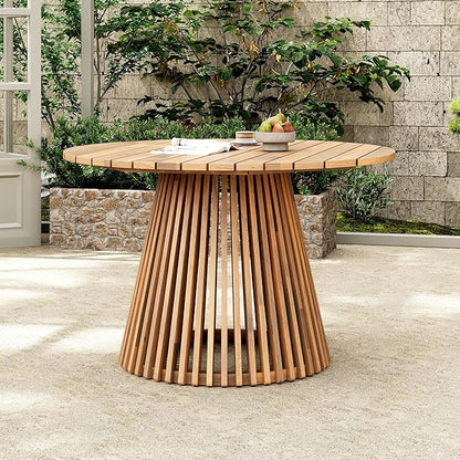 Merax Outdoor Dining Table 47.25" Round Extra-Large Acacia Wood Patio Dining Table for Backyard Lawn Balcony, Aesthetic Slat Base Design, Light Teak