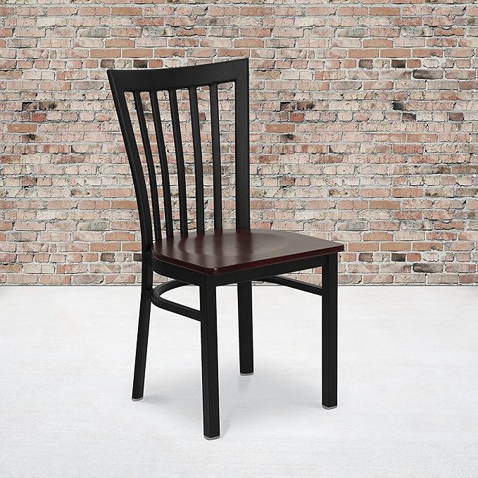 Flash Furniture 4 Pk. HERCULES Series Black School House Back Metal Restaurant Chair - Mahogany Wood Seat