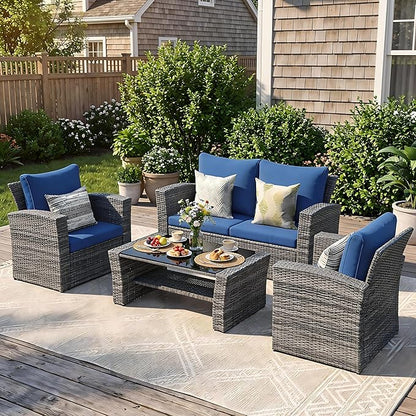 Wisteria Lane Patio Furniture Set, Wicker Outside Outdoor Furniture for All Weather, Patio Sofa with High Backrest Support and Wide Armrest for Backyard, Balcony, Deck, Porch, Dark Blue