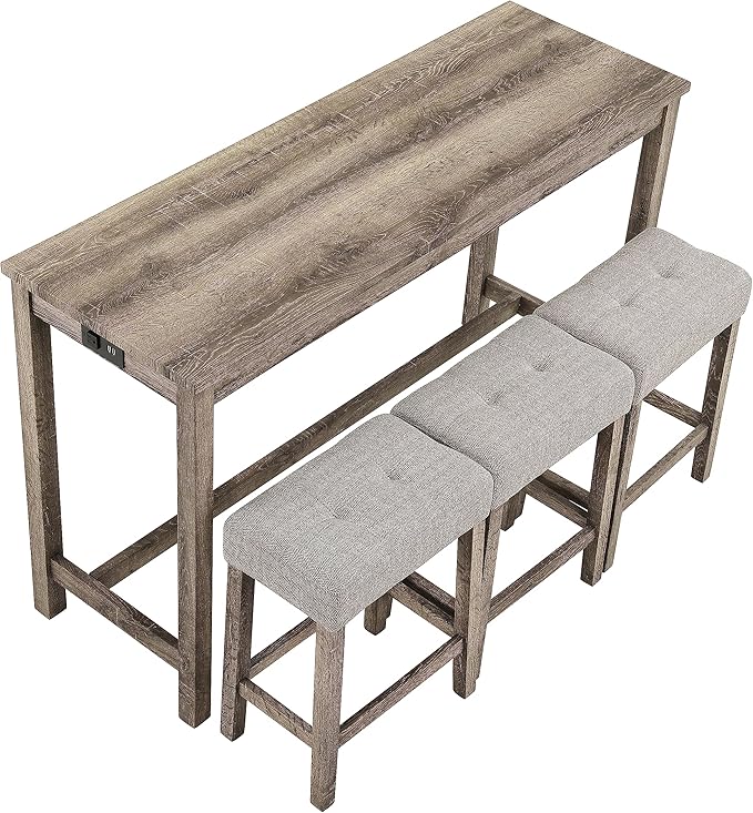 4-Piece Farmhouse Kitchen Table Stool Set with Power Outlets, Industrial Dining Tables with 3 Upholstered Stools, Wooden Counter Table Chairs w/Charging Station&2 USB Ports, Brown+Beige