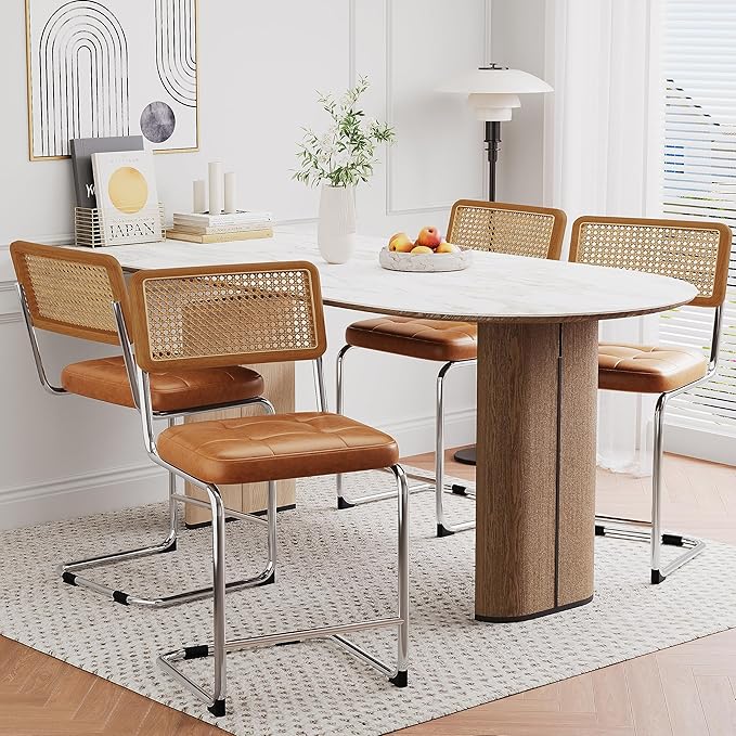 Alunaune 24inch Mid Century Brown Bar Stools Set of 4, Natural Rattan Counter Height Bar Stools Kitchen Chairs Modern Side Dining Chairs-PU Seat