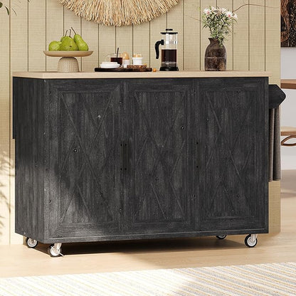 51.2"W Geometric Twill Stripe Textured Design Island with Drop Leaf, Farmhouse Kitchen Cart on Wheels with Internal Storage Rack, Rolling Kitchen Cart with Towel Rack (Black@044)