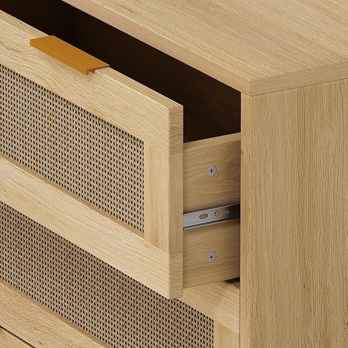 GDFStudio 31.5" Rattan Storage Cabinet with 3 Drawers, Modern Farmhouse Sideboard Buffet Cabinet, Wood Credenza Console Table for Living Room Dining Room Kitchen Hallway, Easy Assembly, Oak