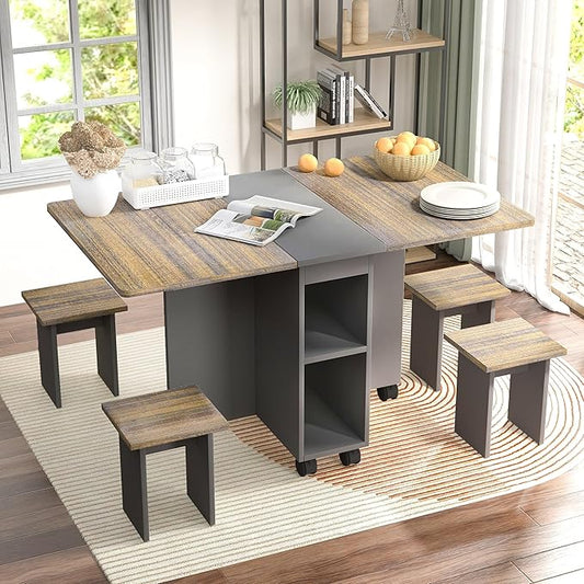 55'' Drop Leaf Wood Kitchen Dining Room Table Set, 5 Pieces Folding Extendable Dining Table Set with 4 Chairs for 4 Peoples, Folding Dining Table with Storage and 6 Wheels for Small Space Saving