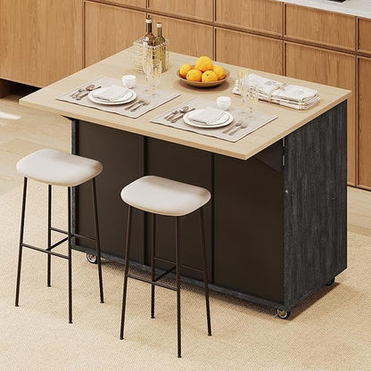 51.2"W Geometric Twill Stripe Textured Design Island with Drop Leaf, Farmhouse Kitchen Cart on Wheels with Internal Storage Rack, Rolling Kitchen Cart with Towel Rack (Black@044)