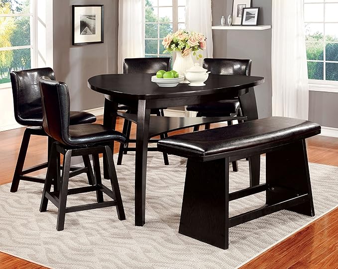 Furniture of America Morley Panel-Legged 46.5" W Counter-Height Bench with Faux Leather Upholstered Seat for Dining, Kitchen, Black