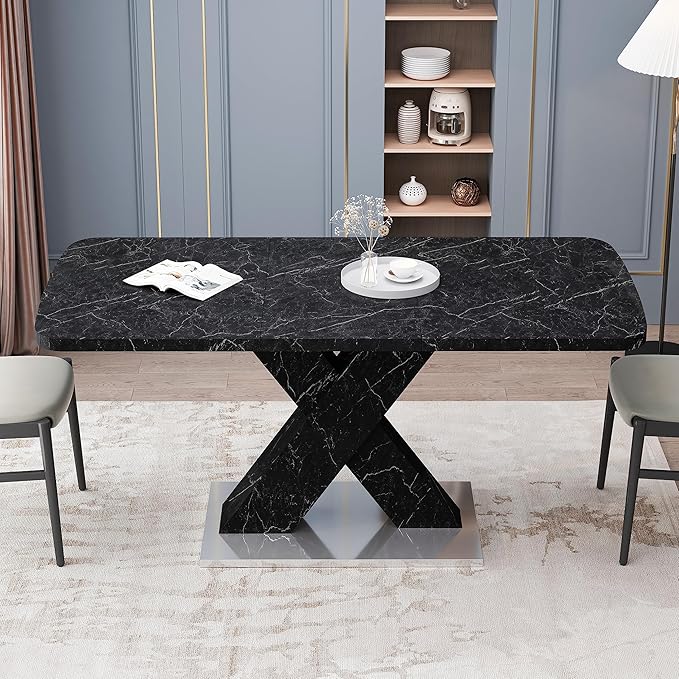 Modern Extended Marble Dining Table for 4-8, Rectangle Kitchen Dining Room Table with Black Marble Top & X-Shape Legs (Black11)
