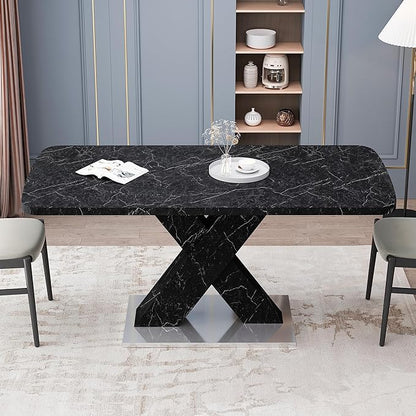 Modern Extended Marble Dining Table for 4-8, Rectangle Kitchen Dining Room Table with Black Marble Top & X-Shape Legs (Black11)