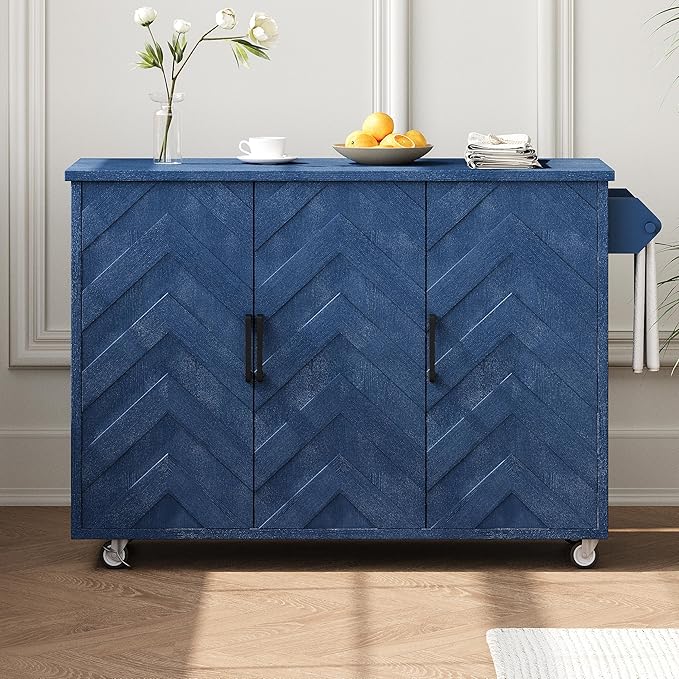 GOWE K&K 51.2" W 3D Wave Stripes Ash Veneer(Not Cheap Paper) Kitchen Island with Drop Leaf, Farmhouse Kitchen Island on Wheels with Internal Storage Rack, Rolling Kitchen Cart (Navy Blue)
