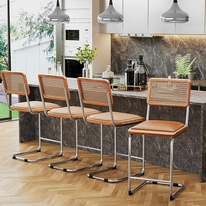 Alunaune 24inch Brown Rattan Barstools Set of 2, Upholstered Modern Counter Bar Height Stools with Metal Chrome Legs for Living Room
