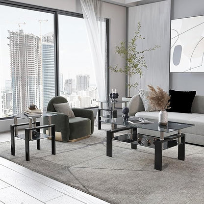 IANIYA 2PCS Modern Glass End Table, 2-Tier Side Table with Tempered Glass Top & Metal Legs, Night Stand Corner Table for Living Room, Bedroom,All Black