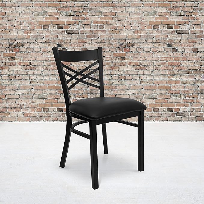 Flash Furniture 4 Pack HERCULES Series Black ''X'' Back Metal Restaurant Chair - Black Vinyl Seat