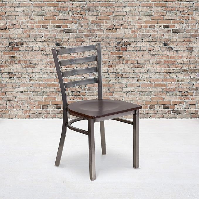 Flash Furniture 2 Pack HERCULES Series Clear Coated Ladder Back Metal Restaurant Chair - Walnut Wood Seat
