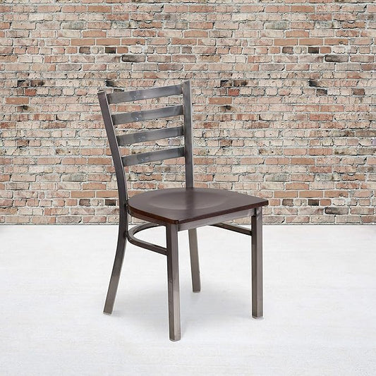 Flash Furniture 2 Pack HERCULES Series Clear Coated Ladder Back Metal Restaurant Chair - Walnut Wood Seat