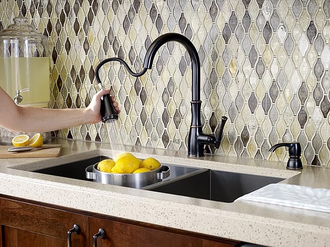 Pfister Wheaton Kitchen Faucet with Pull Down Sprayer and Soap Dispenser, Single Handle, High Arc, Tuscan Bronze Finish, GT529WH1Y
