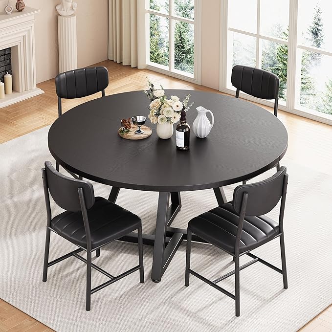 Jocoevol 42“ Round Kitchen Dining Room Table for 2-4, Circle Dining Dinner Table with Pedestal Metal Frame, Space Saving Wood Industrial Furniture for Small Space (Black, 42IN)