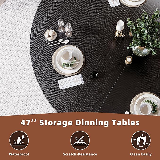 47 Inch Round Dining Table for 4-6 Round Table Kitchen Modern Round Dining Room Table with 2-Layer Storage Shelf and Wood Slide Door Circle Kitchen Tables for Dining Room Black
