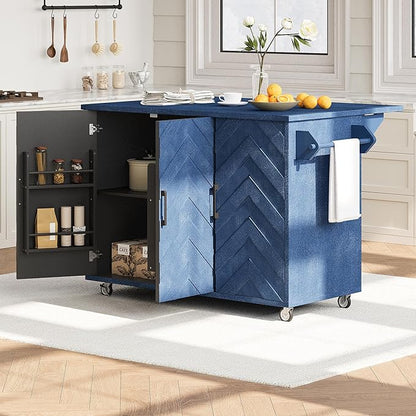 GOWE K&K 51.2" W 3D Wave Stripes Ash Veneer(Not Cheap Paper) Kitchen Island with Drop Leaf, Farmhouse Kitchen Island on Wheels with Internal Storage Rack, Rolling Kitchen Cart (Navy Blue)