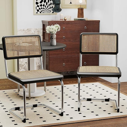 Alunaune Mid Century Modern Black Dining Chairs Set of 4, Upholstered Natural Rattan Kitchen Chairs, Armless Accent Chair Side Chairs with Metal Chrome Legs for Bedroom Living Room-Rattan Seat