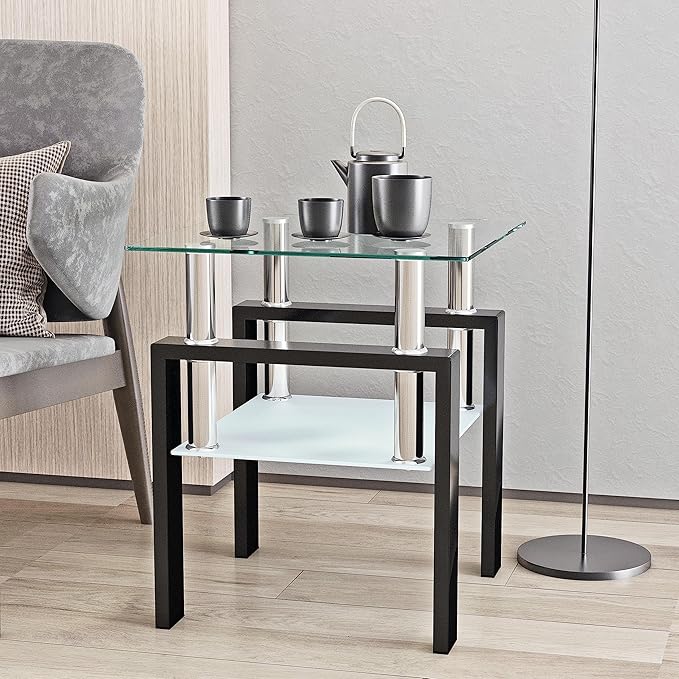 Glass End Table, Glass Side Table with Tempered Glass Top & Metal Legs, Living Room Table Modern Square Tea Table Side Tables 2-Layer for Living Room Bedroom