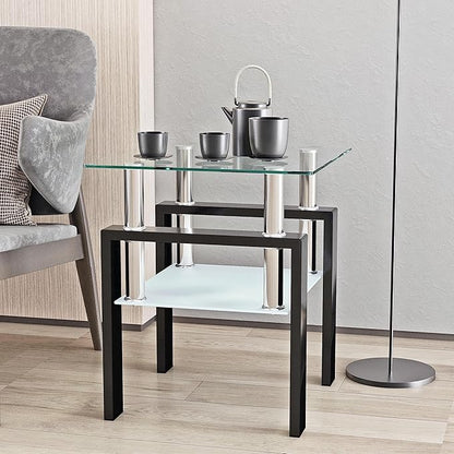 Glass End Table, Glass Side Table with Tempered Glass Top & Metal Legs, Living Room Table Modern Square Tea Table Side Tables 2-Layer for Living Room Bedroom