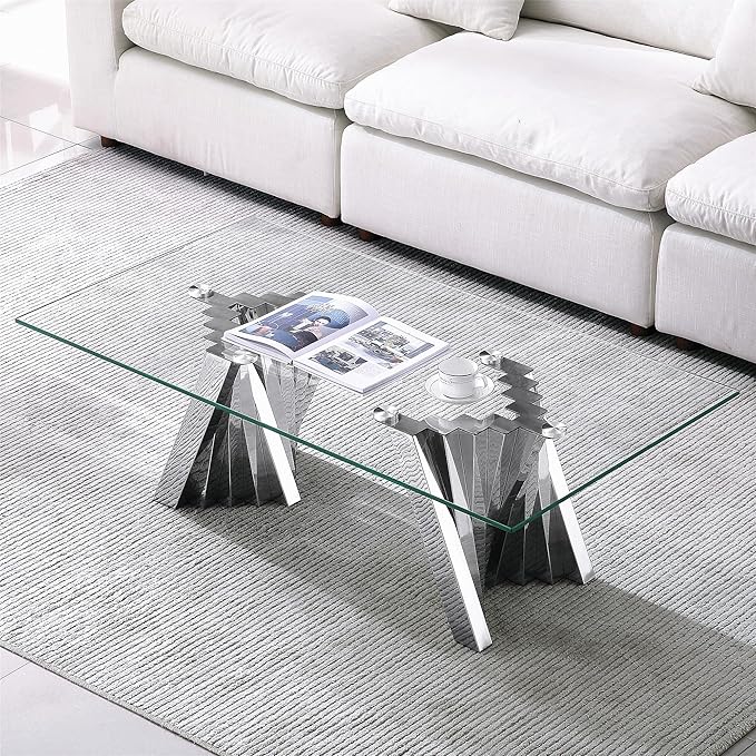 Glass Coffee Table, 51 Inch Rectangular Tempered Glass Living Room Table with Stainless Steel Legs, Mid Century Modern Coffee Table for Office, Silver