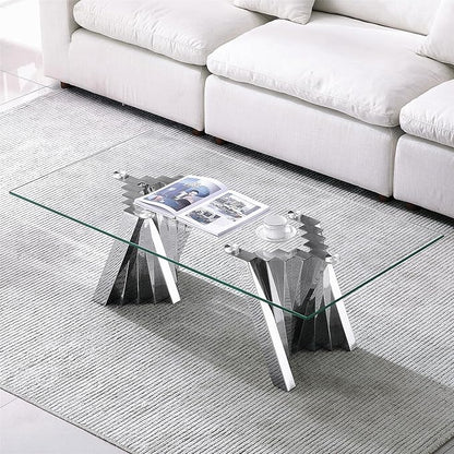 Glass Coffee Table, 51 Inch Rectangular Tempered Glass Living Room Table with Stainless Steel Legs, Mid Century Modern Coffee Table for Office, Silver