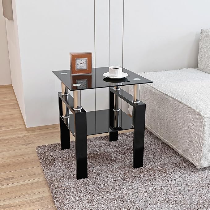 Glass End Table, Glass Side Table with Tempered Glass Top & Metal Legs, Living Room Table Modern Tea Table Side Tables 2-Layer for Living Room Bedroom
