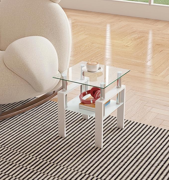 Glass End Table, Glass Side Table with Tempered Glass Top & Metal Legs, Square Living Room Table Modern Tea Table Side Tables 2-Layer for Living Room Bedroom