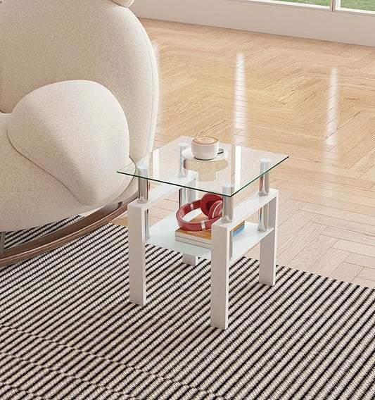 Glass End Table, Glass Side Table with Tempered Glass Top & Metal Legs, Square Living Room Table Modern Tea Table Side Tables 2-Layer for Living Room Bedroom