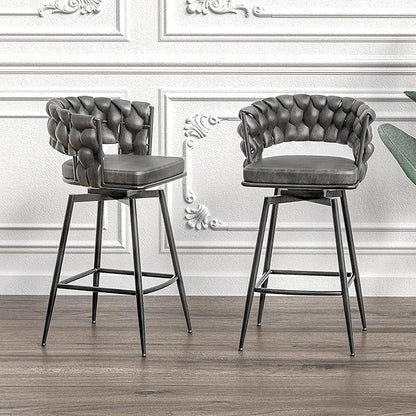 GOWE 28" Technical Leather Woven Bar Stool Set of 2,Black Legs Barstools No Adjustable Kitchen Island Chairs,360 Swivel Bar Stools Upholstered Counter Stool Arm Chairs with Back Footrest (Tan)