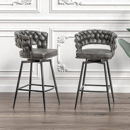 GOWE 28" Technical Leather Woven Bar Stool Set of 2,Black Legs Barstools No Adjustable Kitchen Island Chairs,360 Swivel Bar Stools Upholstered Counter Stool Arm Chairs with Back Footrest (Tan)