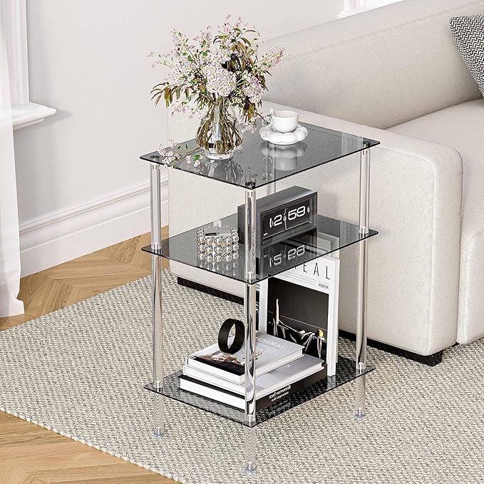 Tempered Glass Side Table, Acrylic End Table, 3-Tier Transparent Nightstand, Clear Coffee Table, for Small Spaces Living Room Bedroom Balcony Black LET519BK