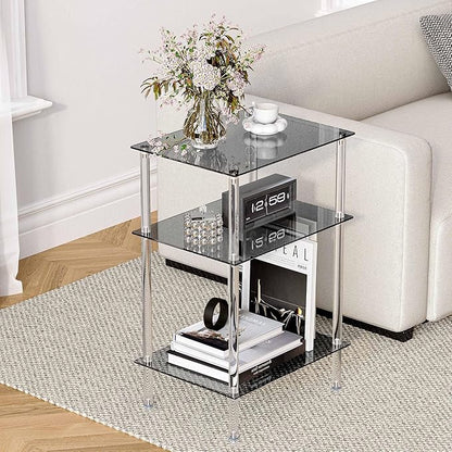 Tempered Glass Side Table, Acrylic End Table, 3-Tier Transparent Nightstand, Clear Coffee Table, for Small Spaces Living Room Bedroom Balcony Black LET519BK